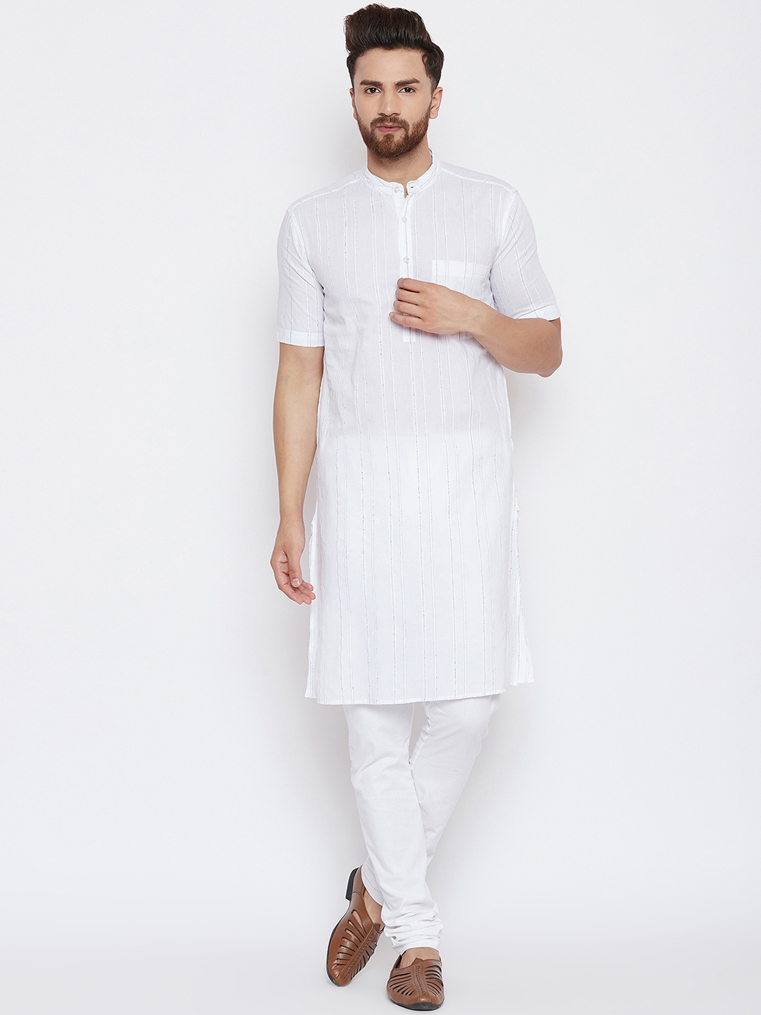 

even Men White Striped Straight Kurta