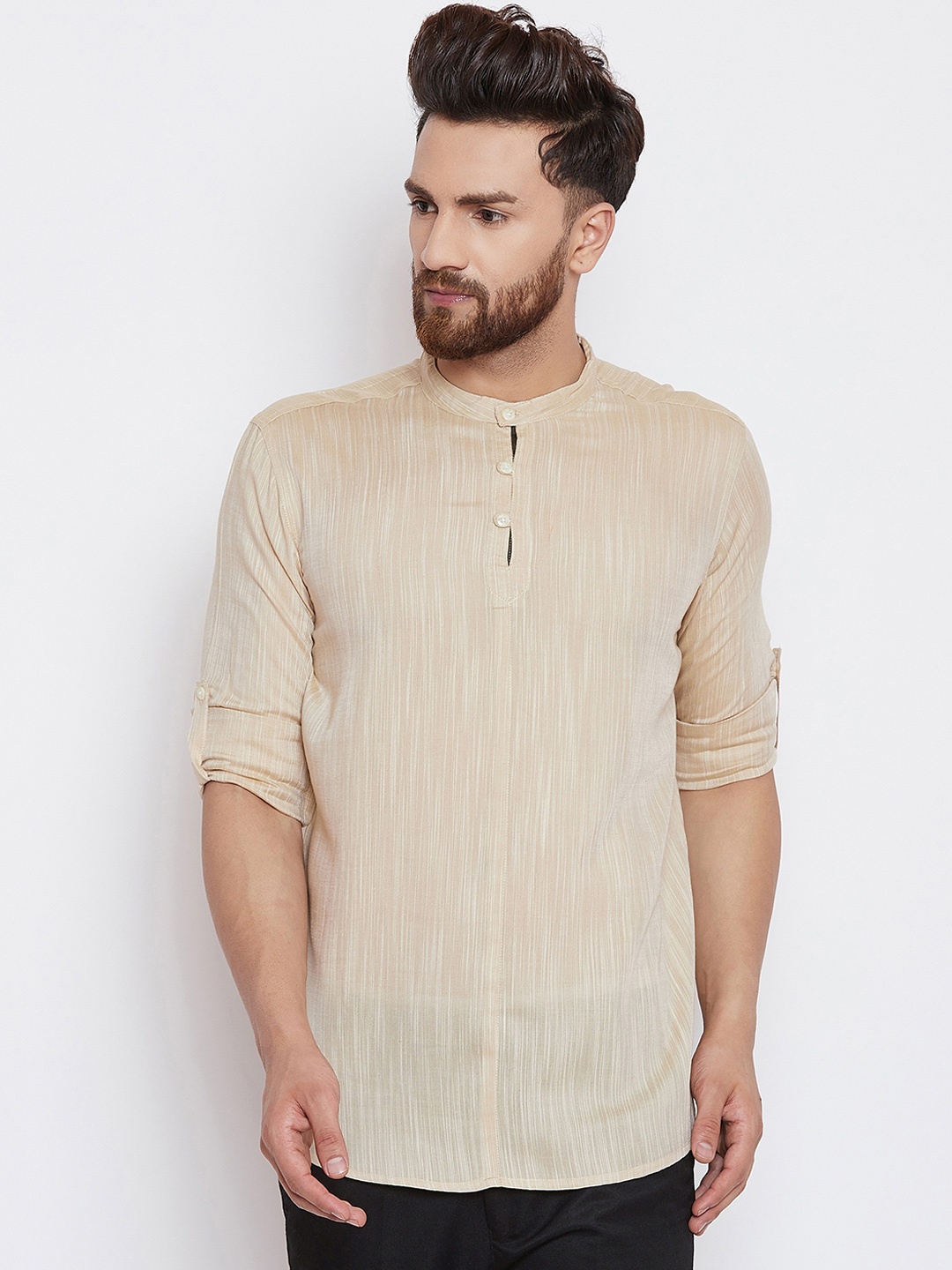 

even Men Beige Woven Design Straight Kurta