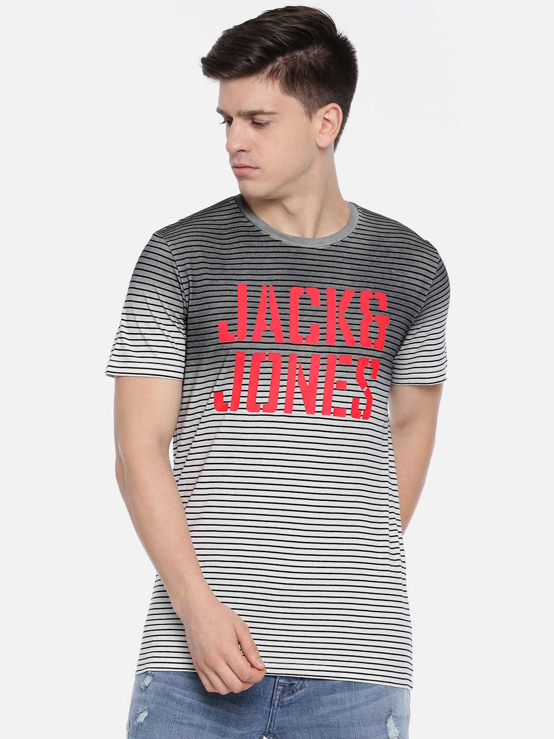 

Jack & Jones Men Black Striped Round Neck T-shirt