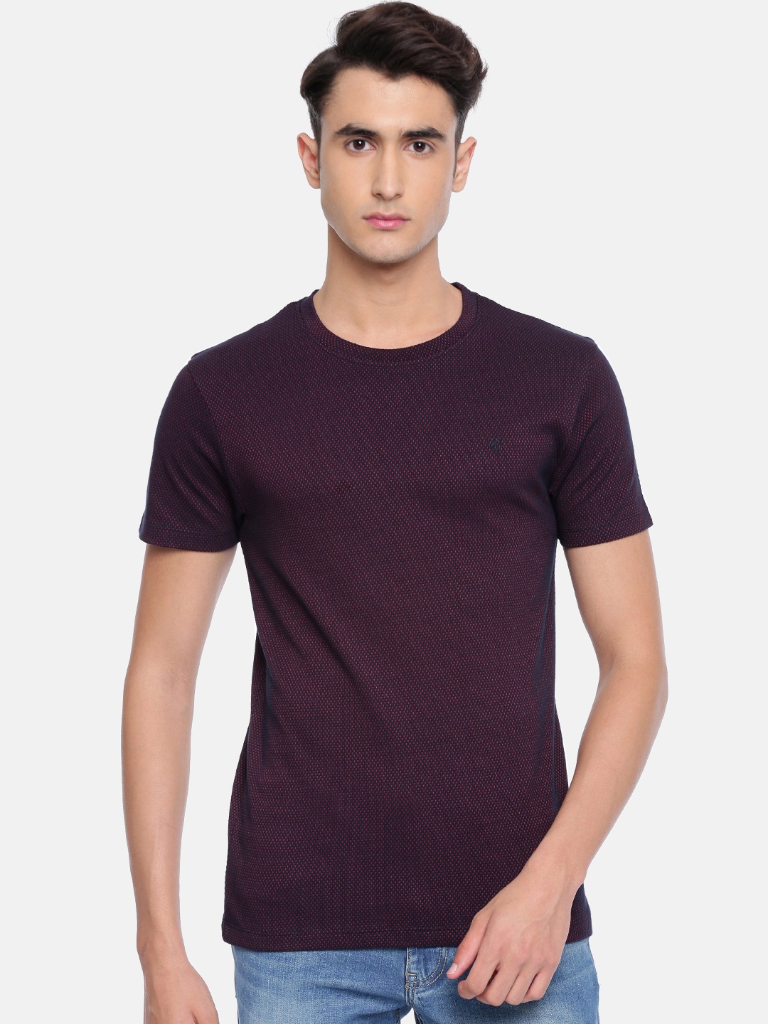 

Jack & Jones Men Navy Blue & Red Self Design Round Neck T-shirt
