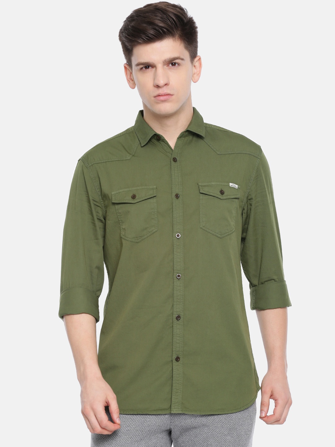 

Jack & Jones Men Olive Green Slim Fit Solid Casual Shirt