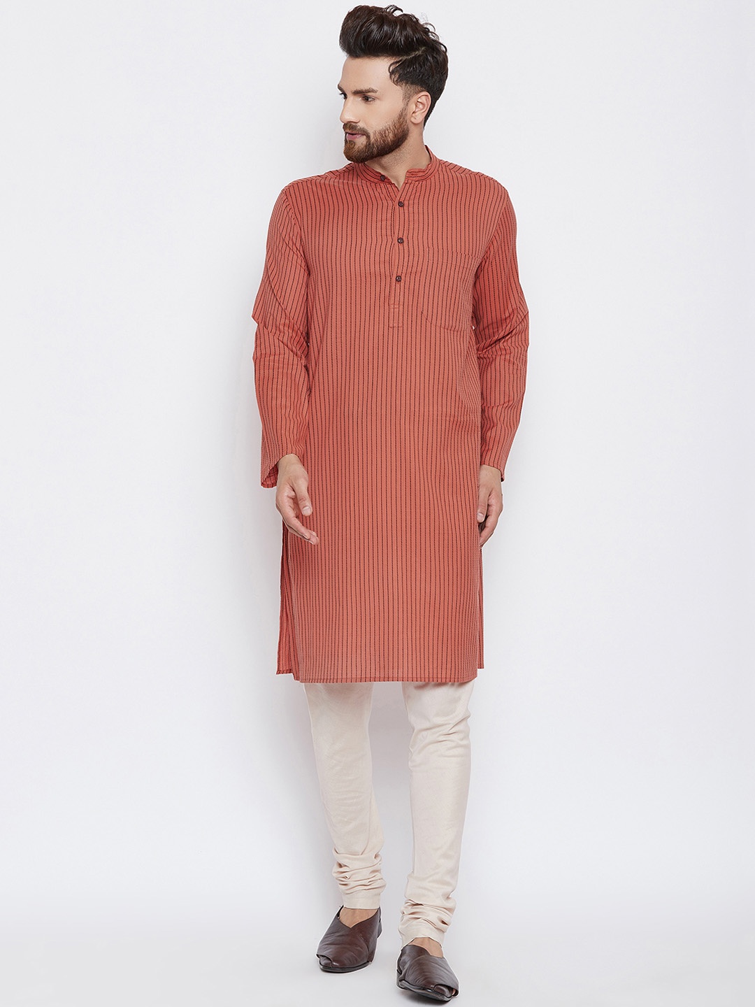 

even Men Rust Brown Striped Straight Kurta