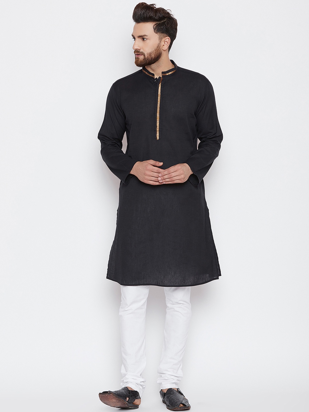 

even Men Black Solid Straight Kurta