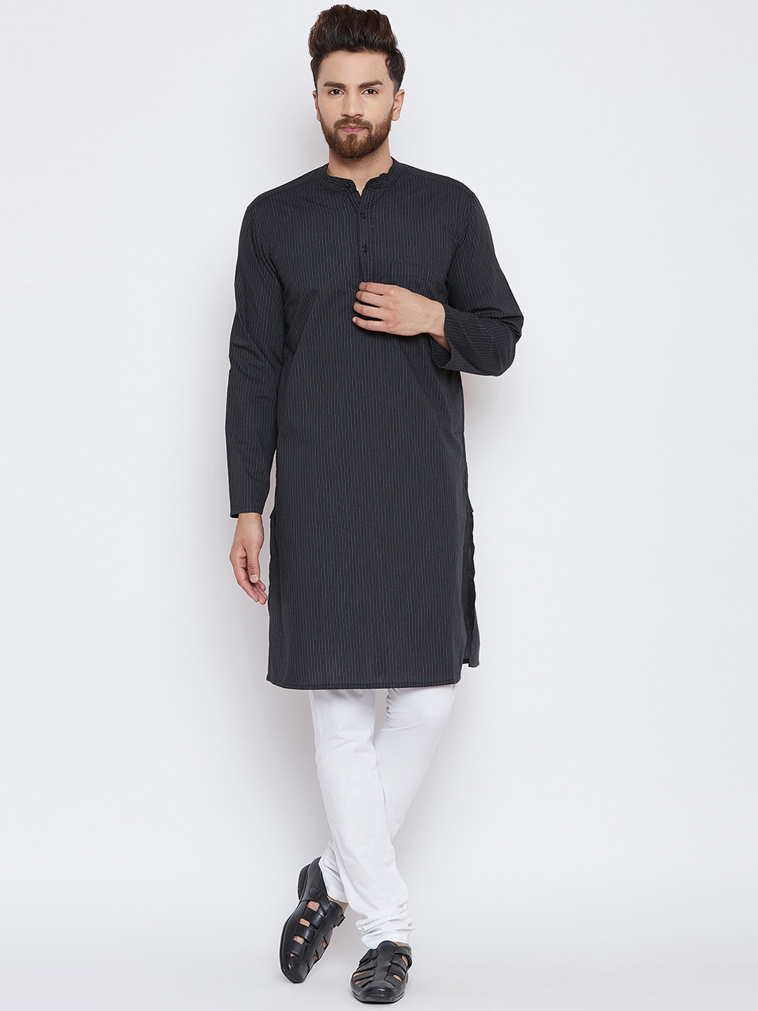 

even Men Black Striped Straight Kurta