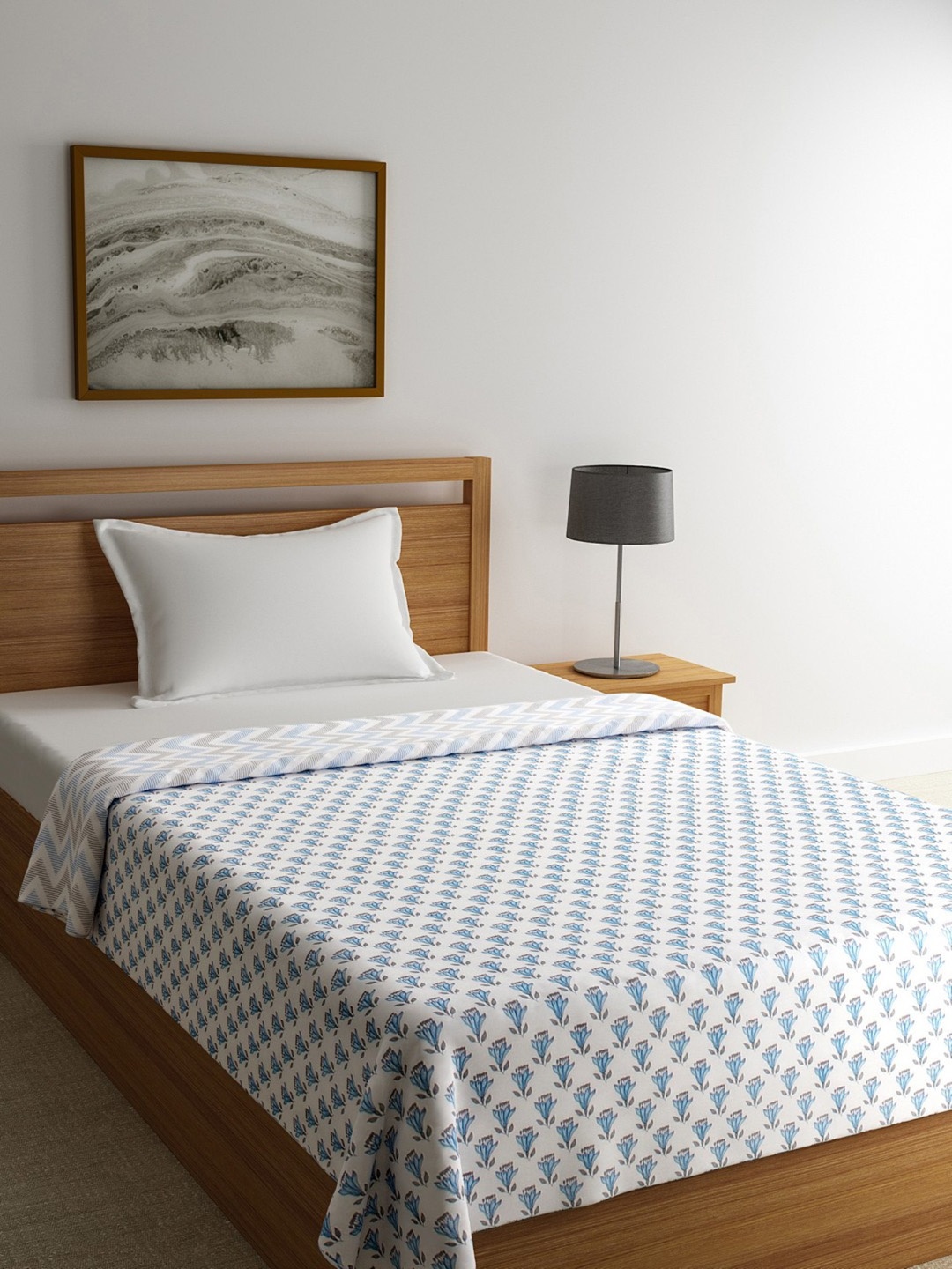 

ROMEE White & Blue Floral AC Room 300 GSM Single Bed Reversible Dohar