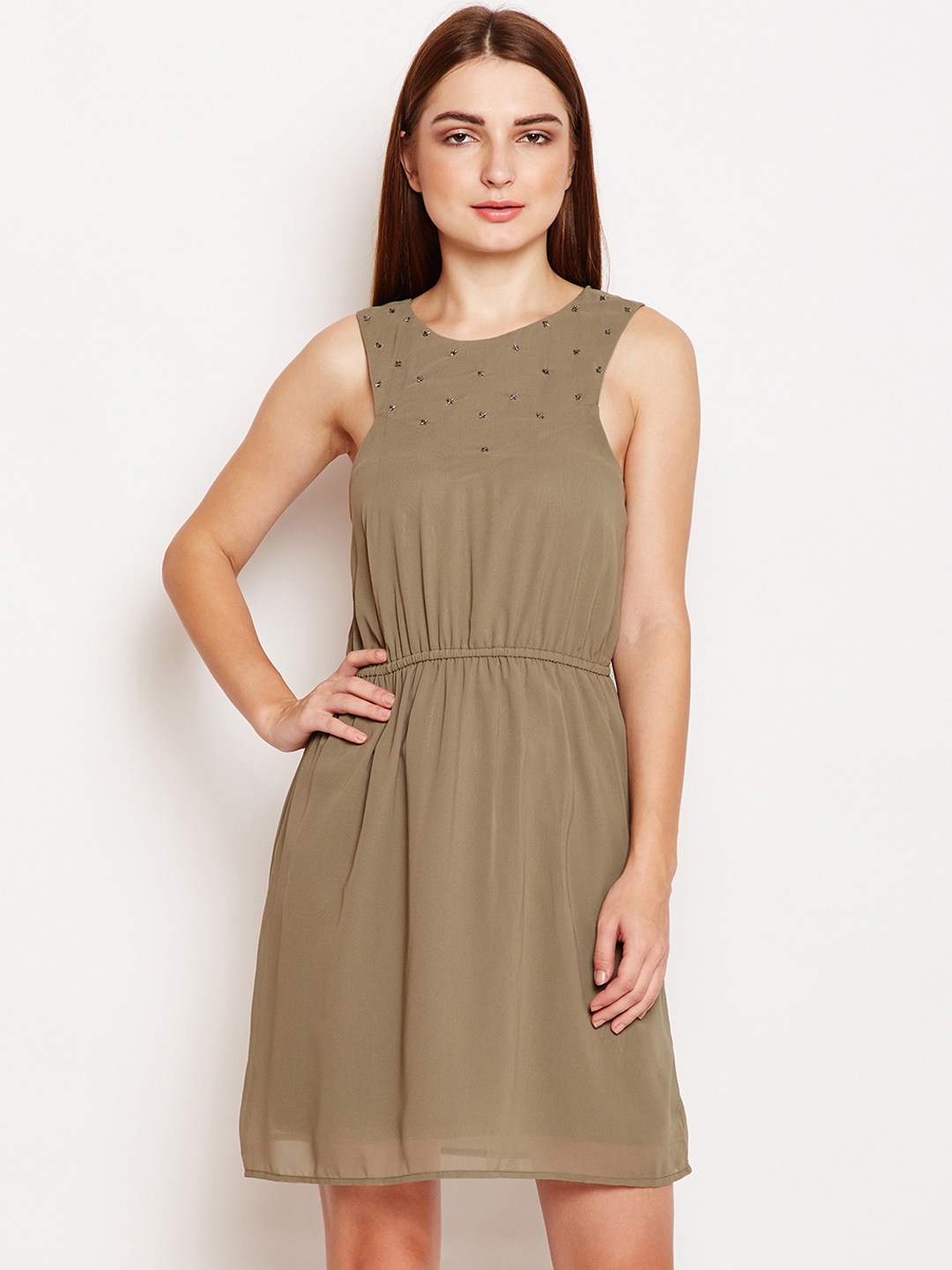 

Oxolloxo Women Olive Green Embellished Fit and Flare Dress