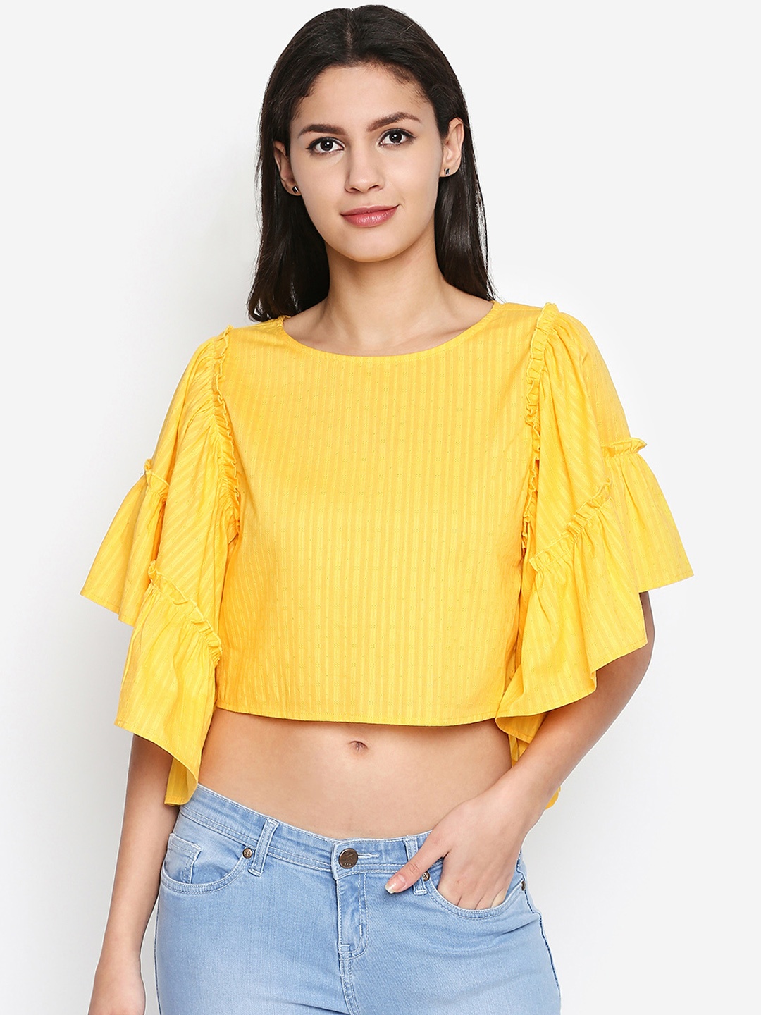 

Oxolloxo Women Yellow Self Design Pure Cotton Top