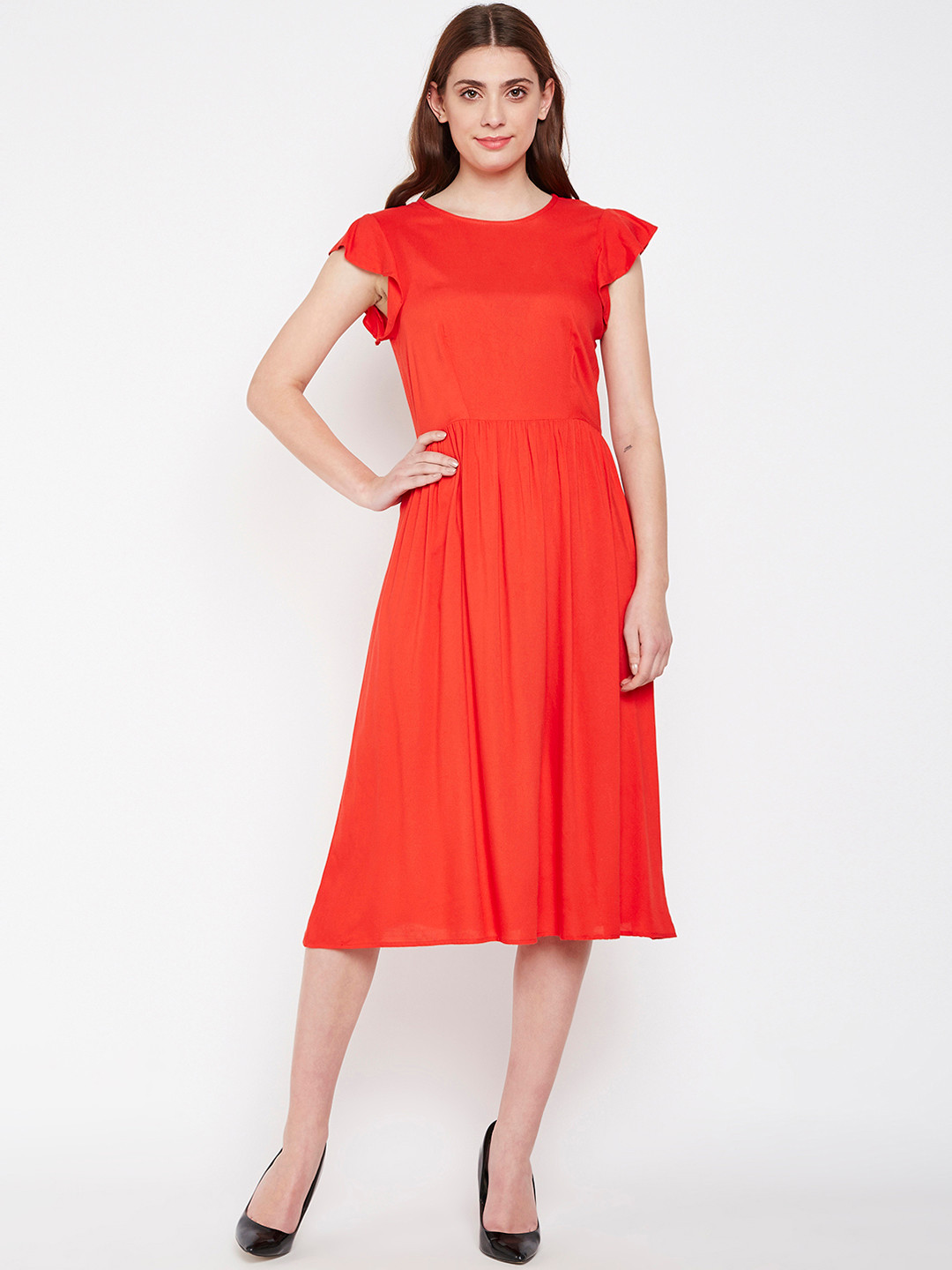 

Oxolloxo Women Orange Solid Fit and Flare Dress