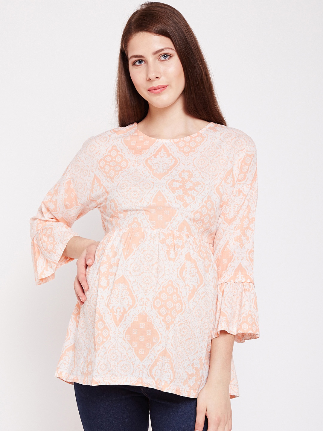 

Oxolloxo Women Peach-Coloured Printed Cinched Waist Maternity Top