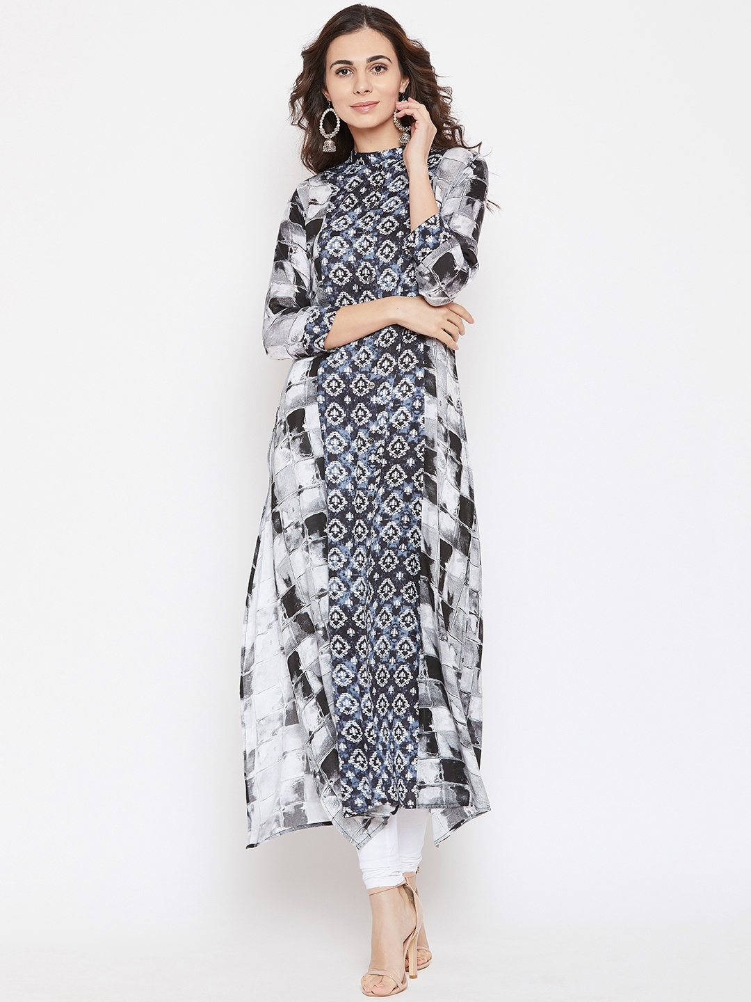 

Cottinfab Women White & Black Printed A-Line Kurta