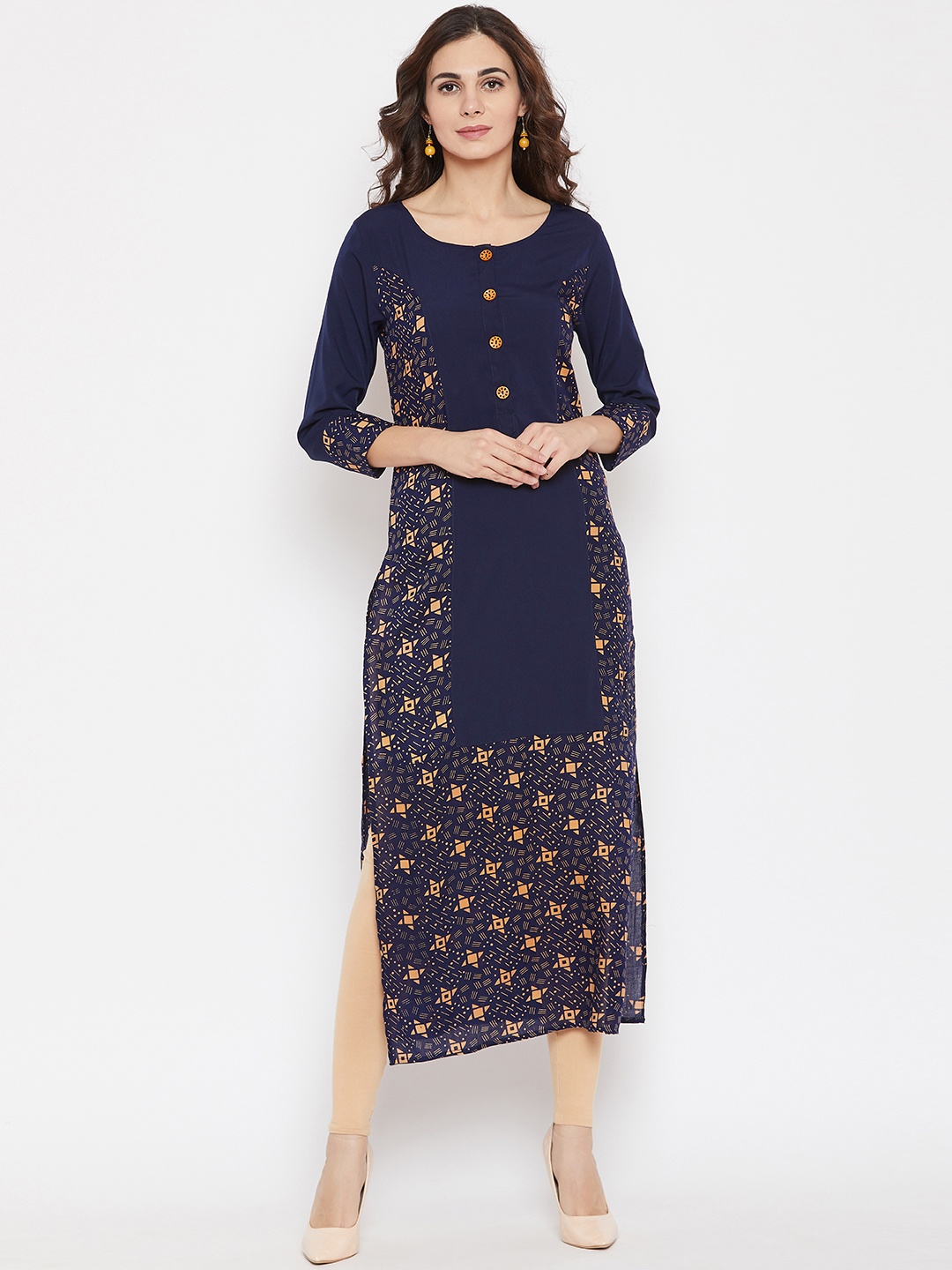 

Cottinfab Women Navy Blue & Beige Printed Straight Kurta