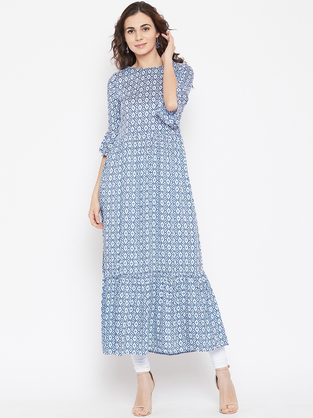 

Cottinfab Women Blue & White Printed A-Line Kurta