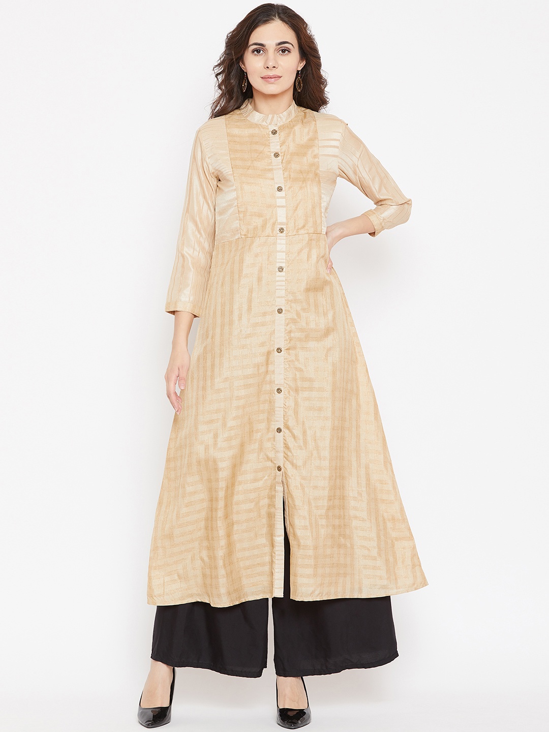 

Cottinfab Women Beige Self-Checked A-Line Kurta