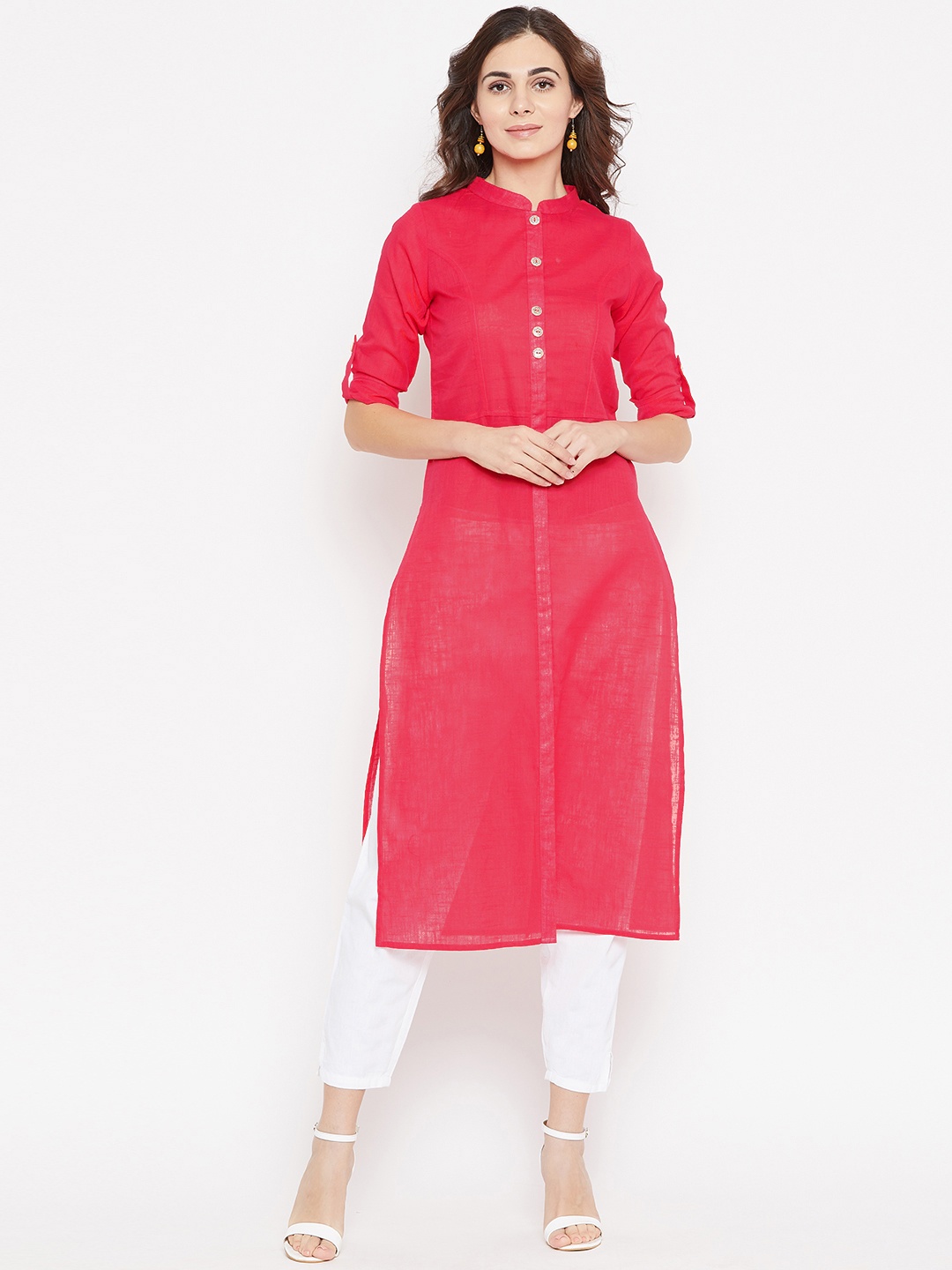 

Cottinfab Women Pink Solid Straight Kurta