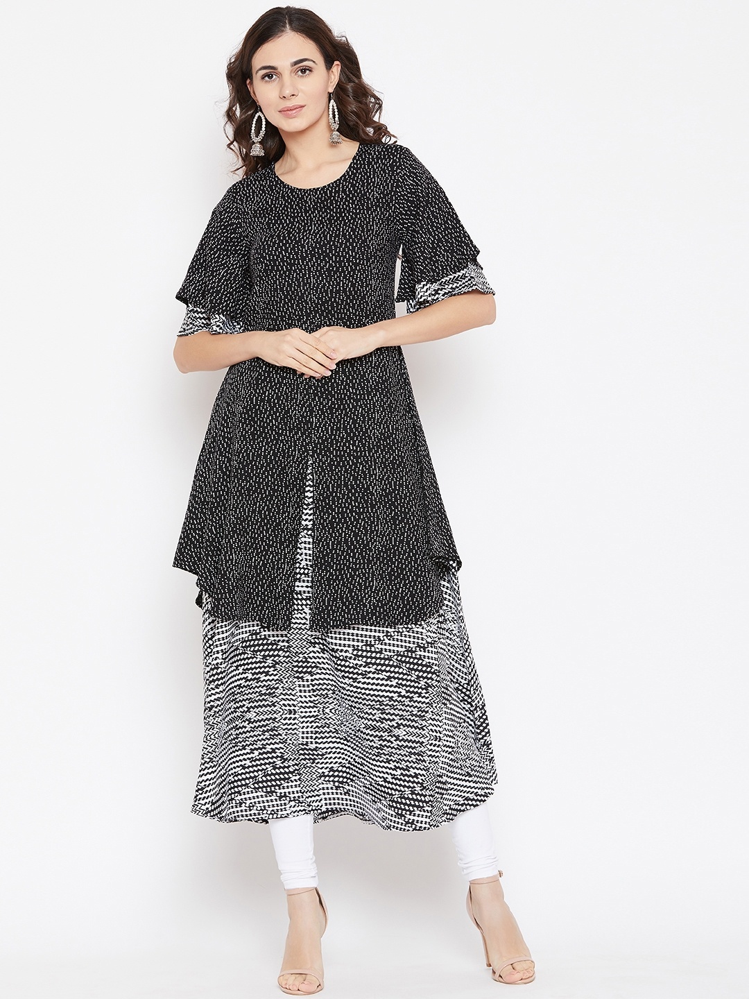 

Cottinfab Women Black & White Printed Layered A-Line Kurta