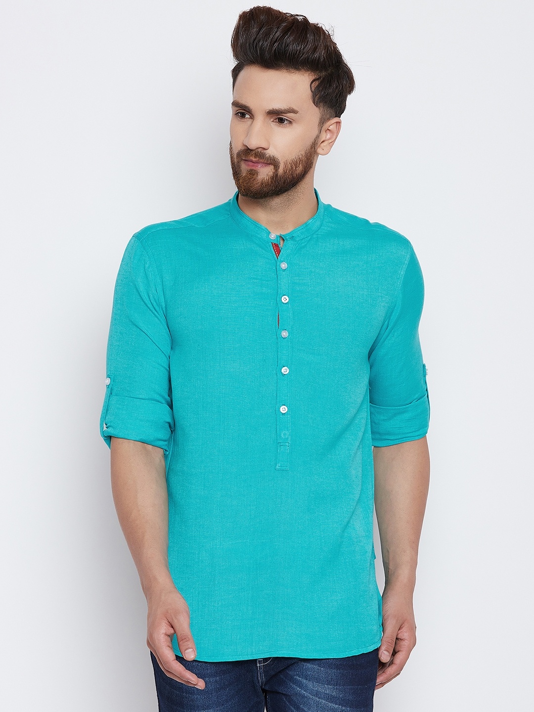

even Men Turquoise Blue Solid Straight Kurta
