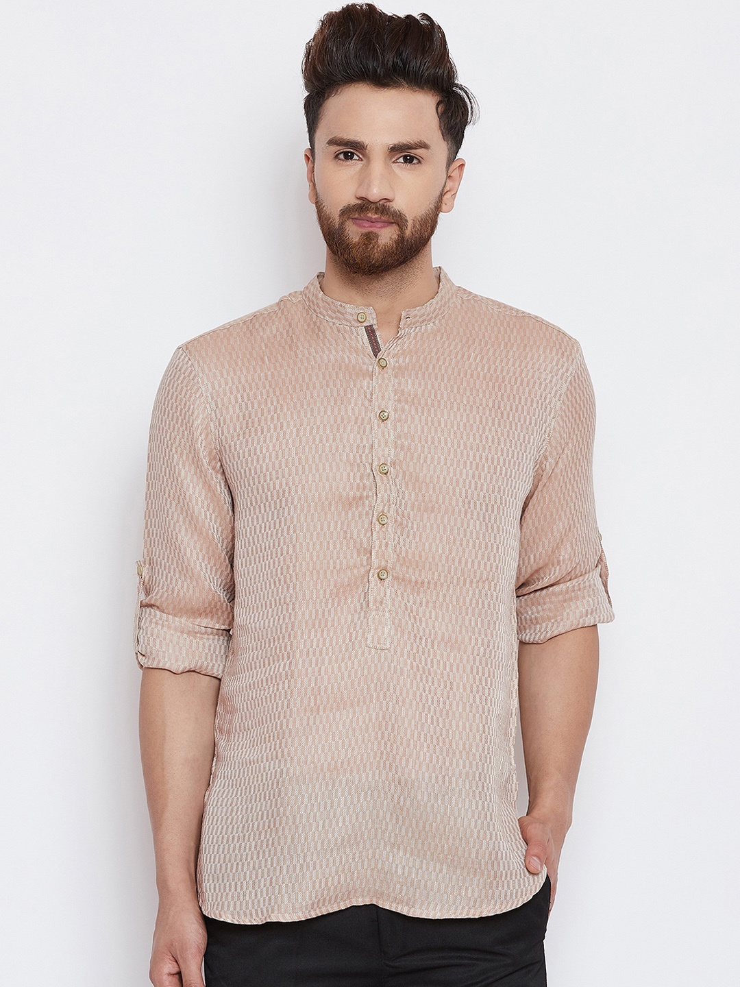 

even Men Beige Woven Design Straight Kurta