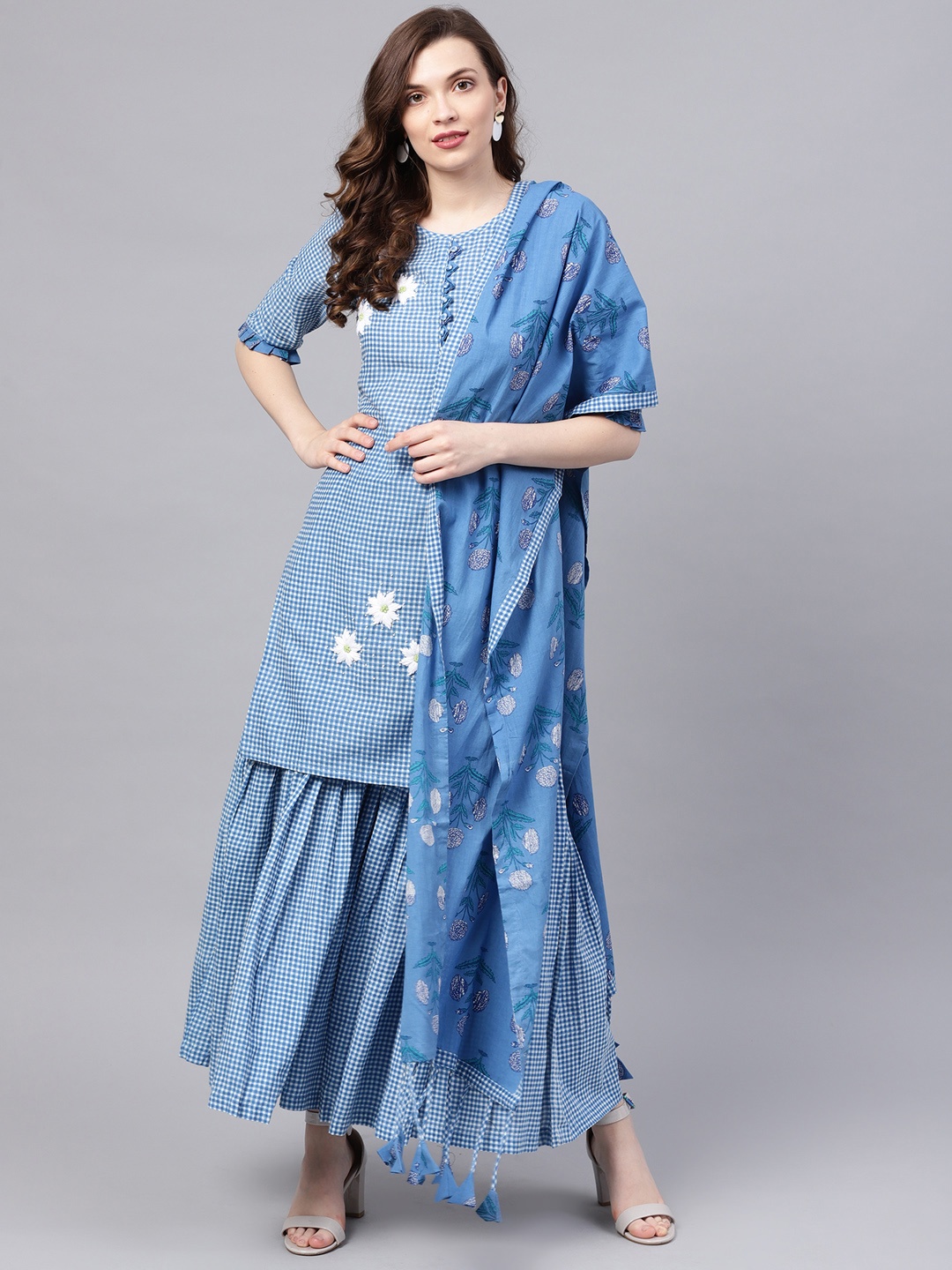 

Ishin Women Blue & White Checked Kurta with Sharara & Dupatta