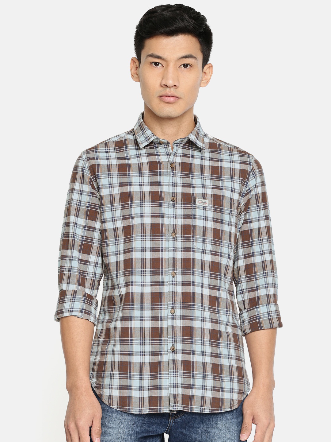 

U.S. Polo Assn. Denim Co. Men Brown & Navy Blue Slim Fit Checked Casual Shirt