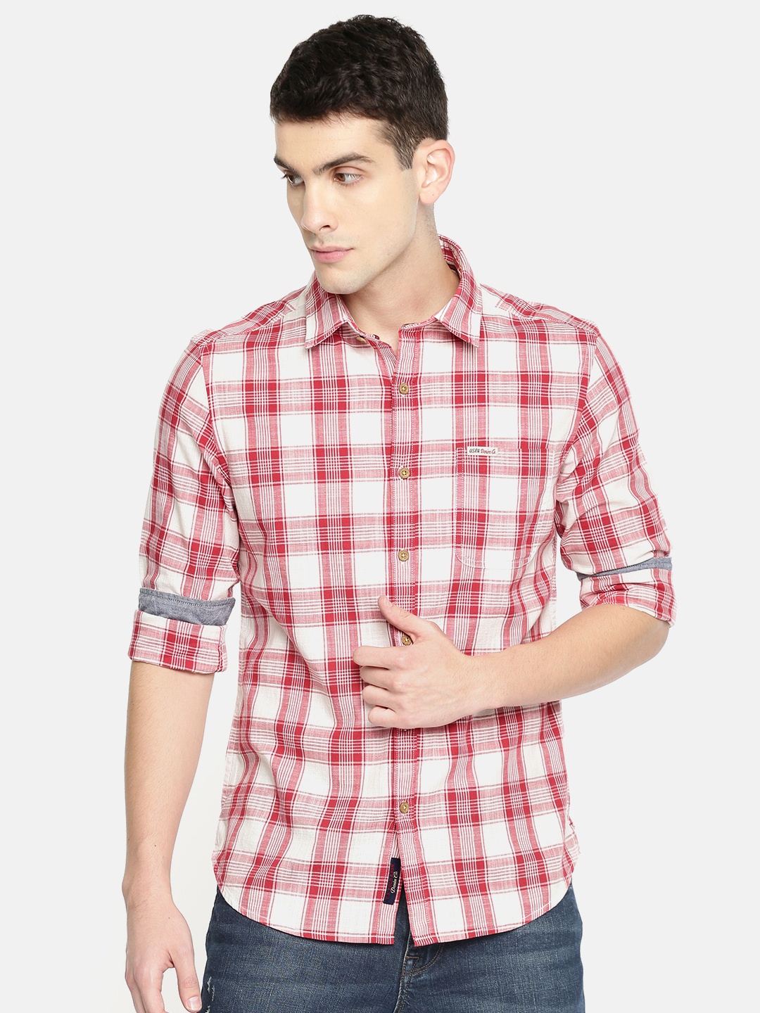

U.S. Polo Assn. Denim Co. Men Red & White Regular Fit Checked Casual Shirt