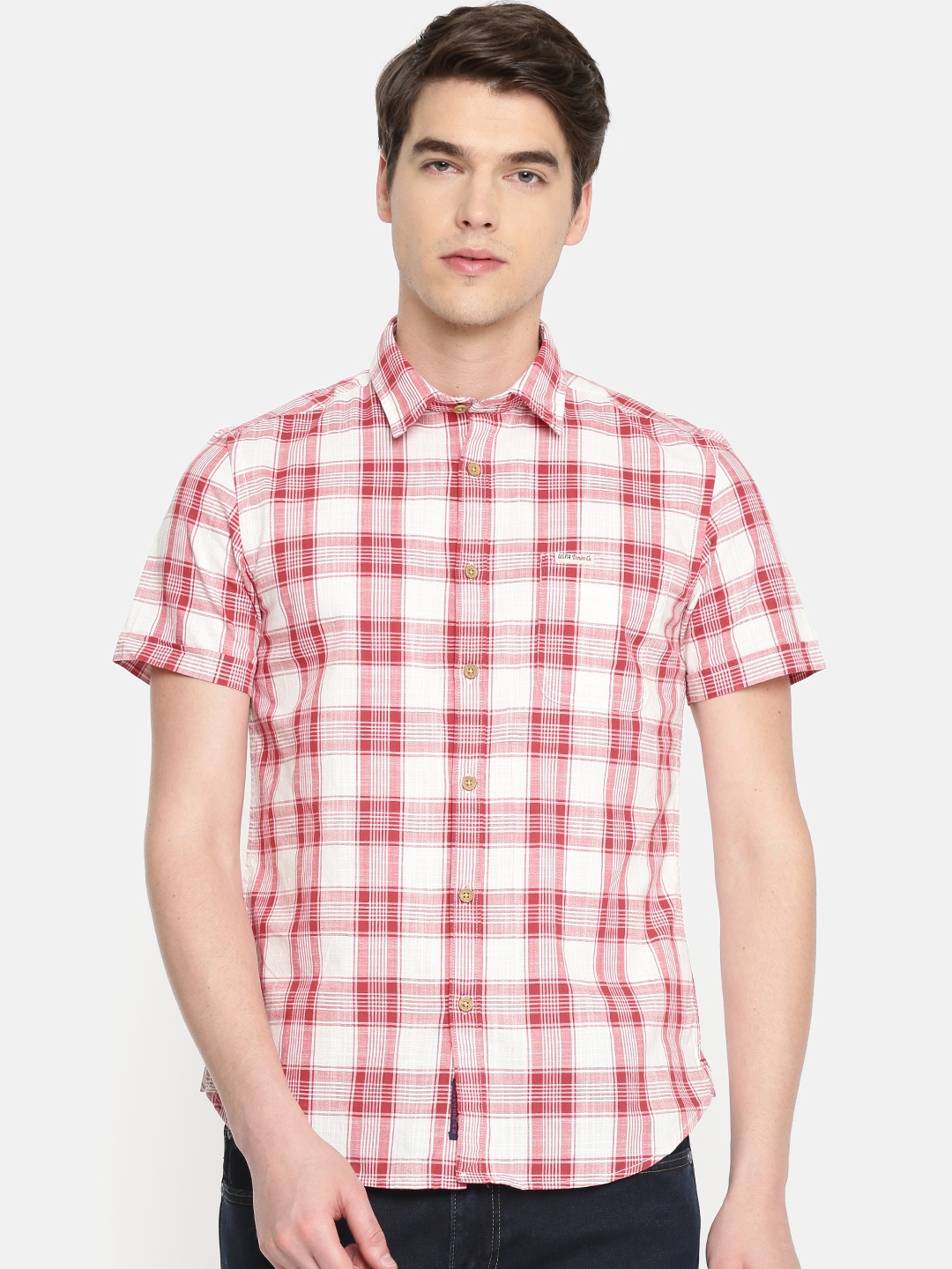 

U.S. Polo Assn. Denim Co. Men Red & White Slim Fit Checked Casual Shirt