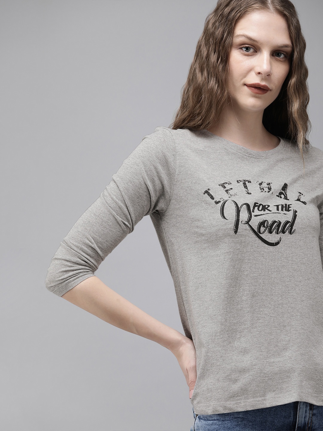

The Roadster Lifestyle Co Women Grey Melange Printed Round Neck T-shirt