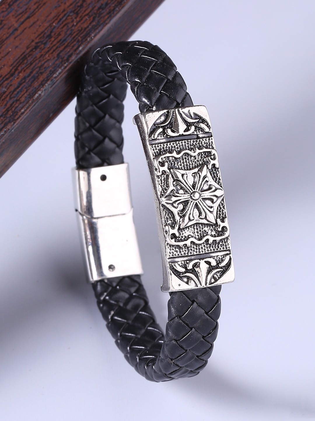 

Dare by Voylla Men Black & Silver-Plated Leather Handcrafted Wraparound Bracelet