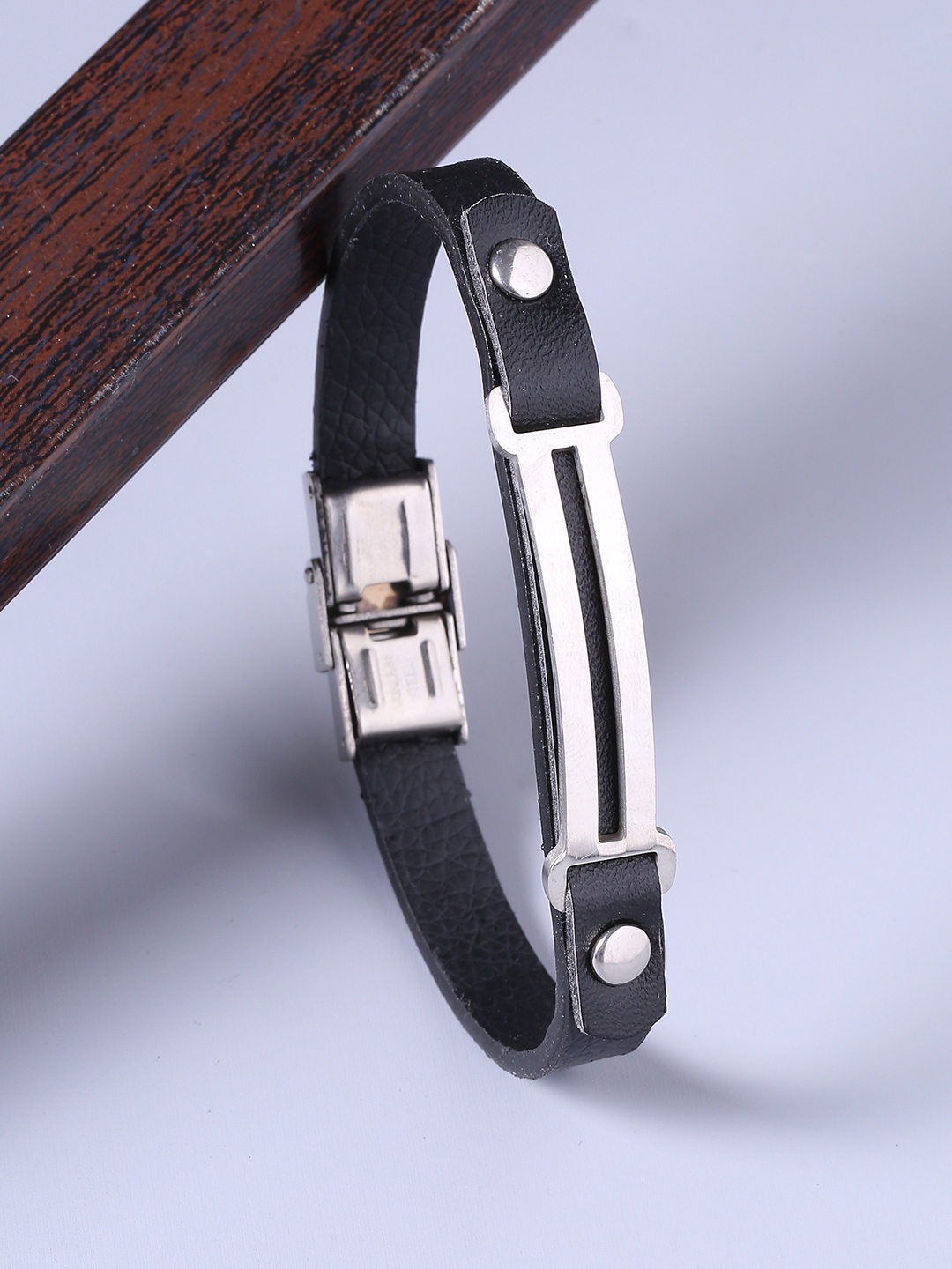 

Dare by Voylla Men Black & Silver-Plated Leather Handcrafted Wraparound Bracelet