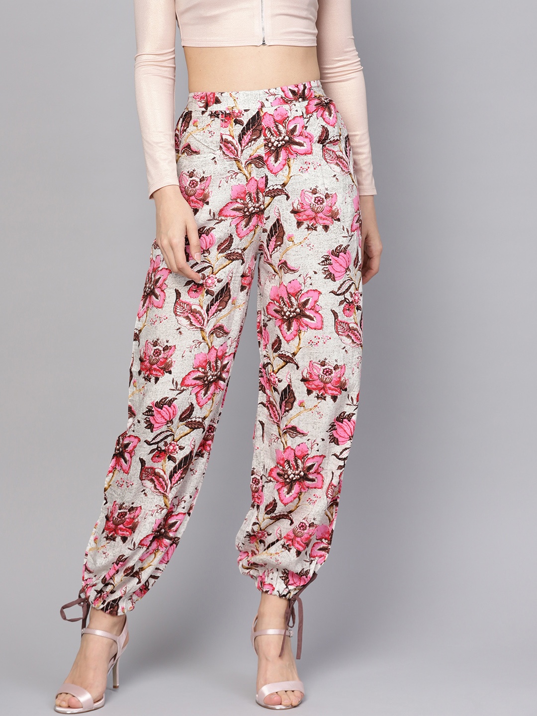 

AASI - HOUSE OF NAYO Women Off-White & Pink Printed Joggers