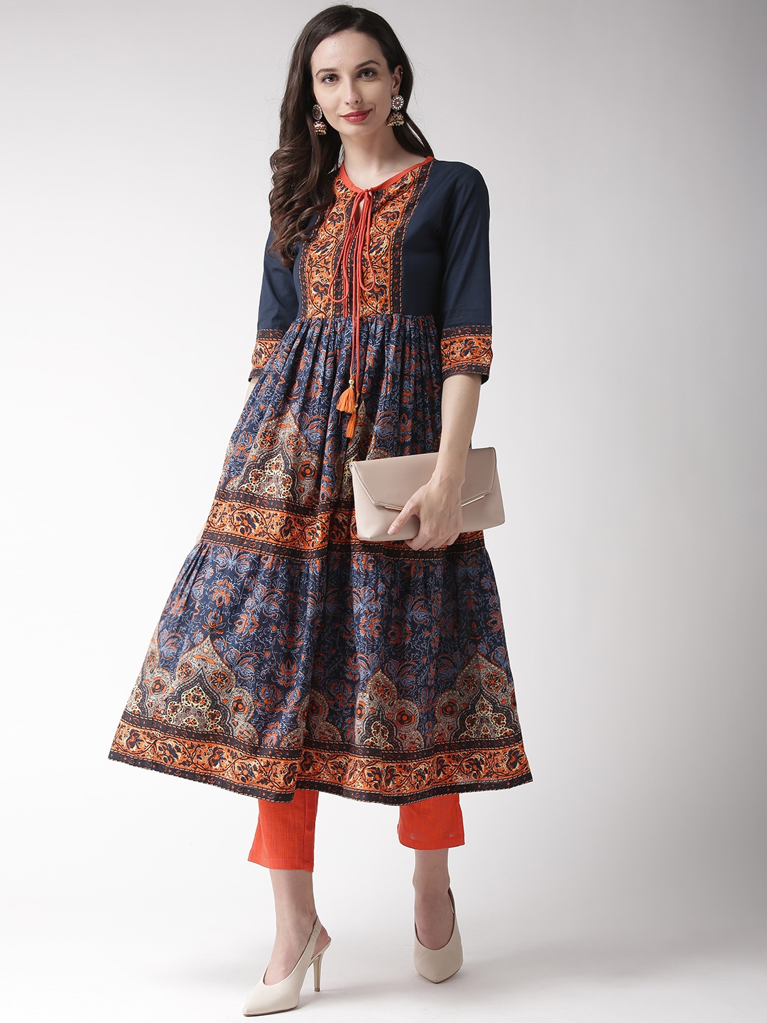 

RANGMAYEE Women Navy Blue & Orange Printed A-Line Kurta