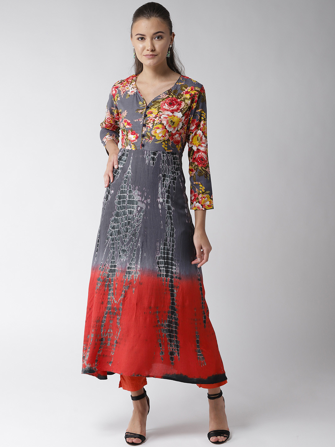 

RANGMAYEE Women Grey & Red Floral Print A-Line Kurta