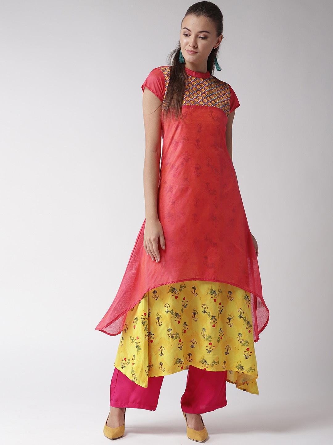 

RANGMAYEE Women Yellow & Coral Pink Printed Asymmetric Layered A-Line Kurta