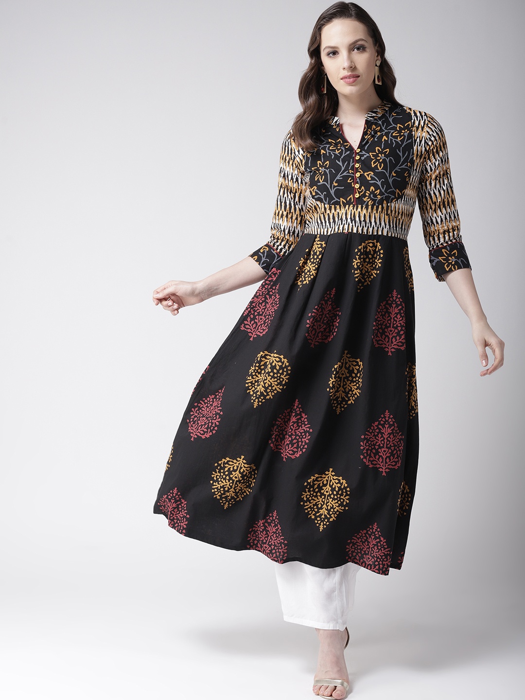 

RANGMAYEE Women Black & Mustard Yellow Screen Print A-Line Kurta