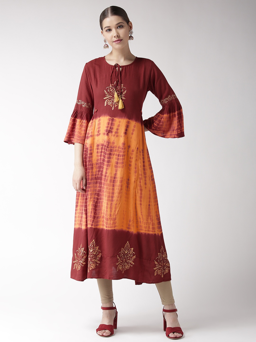 

RANGMAYEE Women Maroon & Coral Orange Dyed Block Print A-Line Kurta