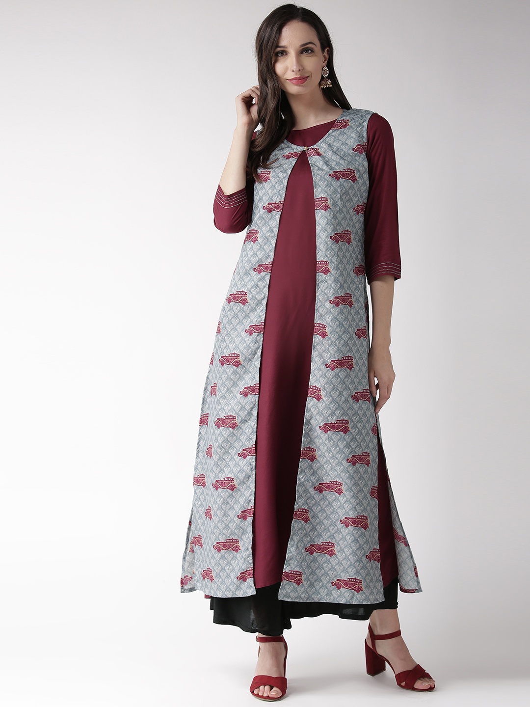 

RANGMAYEE Women Maroon & Grey Solid A-Line Kurta with Printed Layer