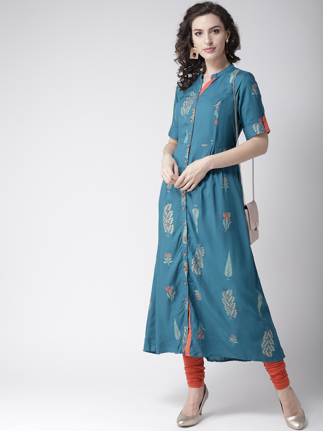 

RANGMAYEE Women Teal Blue & Golden Printed A-Line Kurta