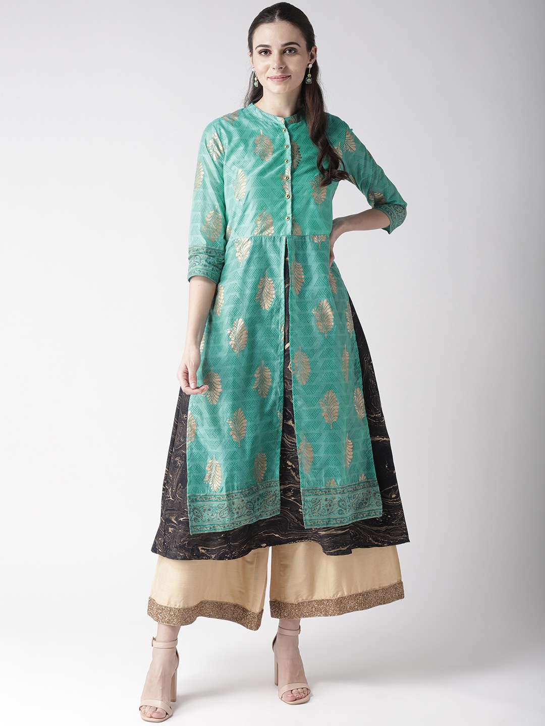 

RANGMAYEE Women Green & Golden Layered Foil Print A-Line Kurta