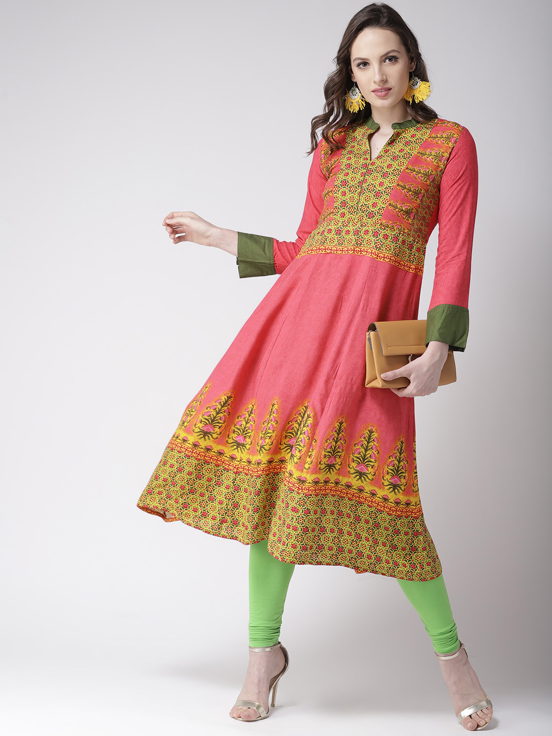 

RANGMAYEE Women Pink & Green Printed A-Line Kurta