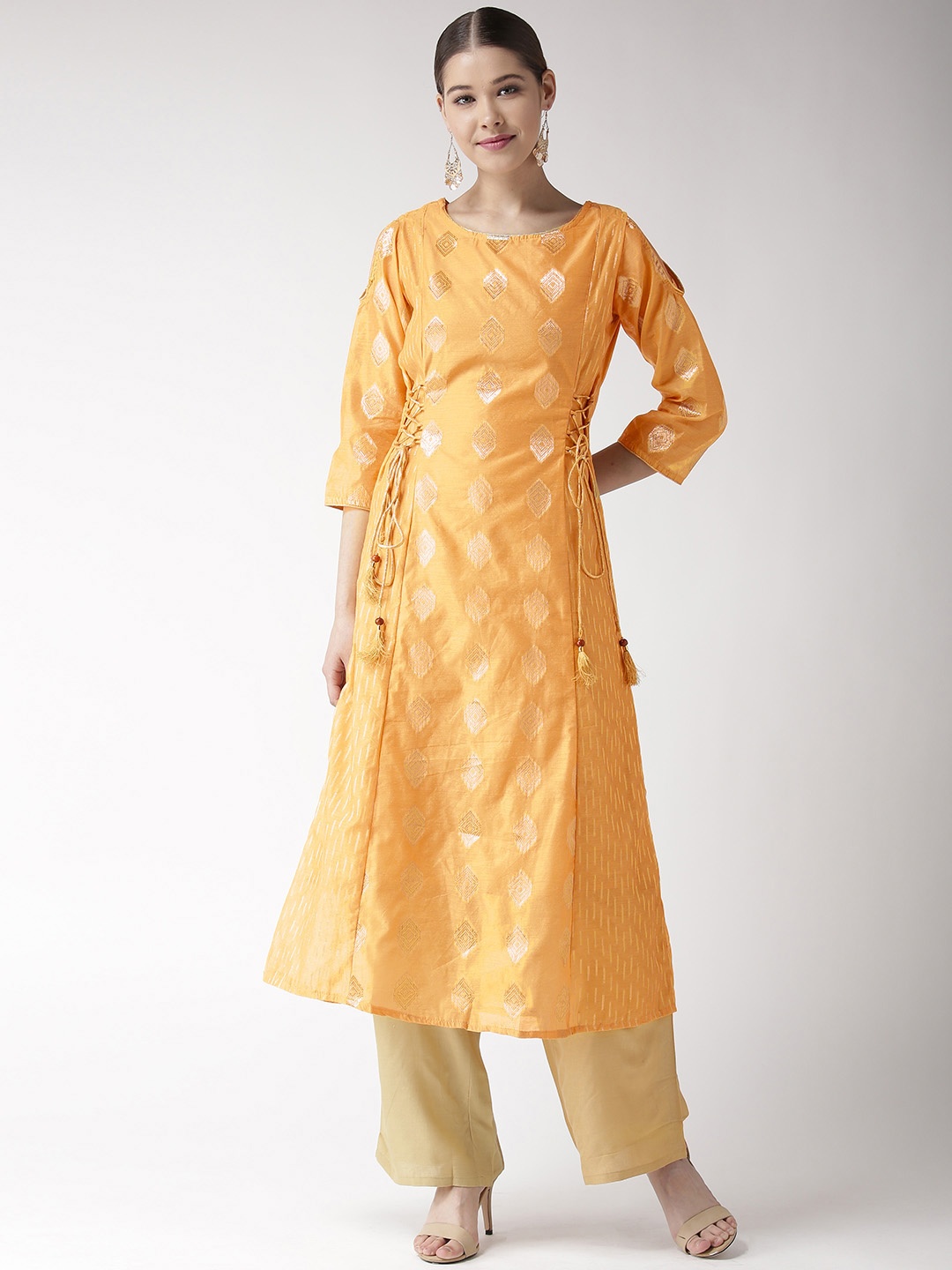 

RANGMAYEE Women Yellow & Golden Woven Design A-Line Kurta