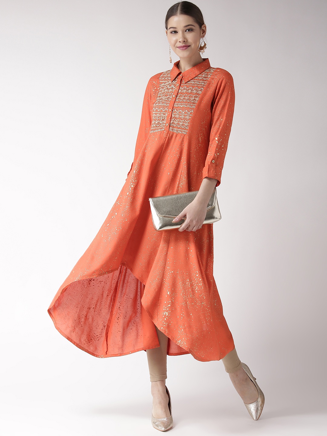 

RANGMAYEE Women Orange & Golden Printed A-Line Kurta