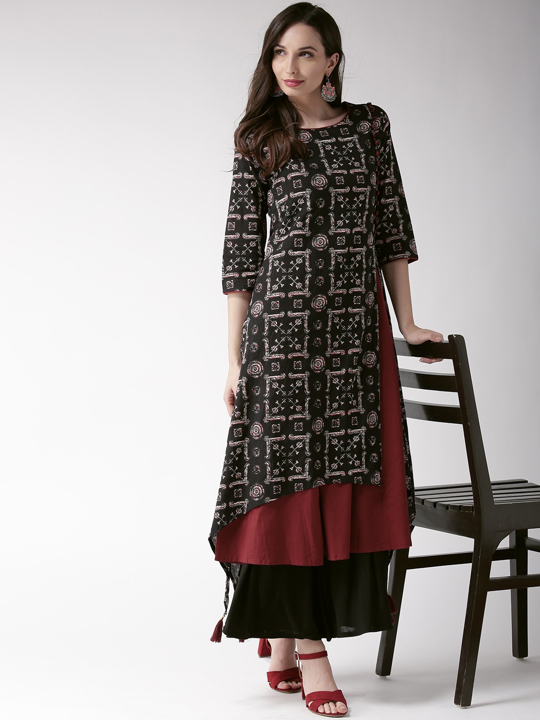 

RANGMAYEE Women Black & Maroon Solid A-Line Kurta with Printed Layer