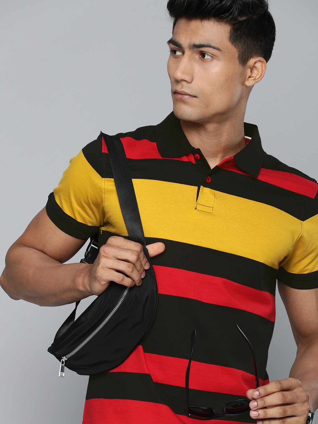 

Harvard Men Multicoloured Red, Black & Mustard Yellow Striped Polo Collar T-shirt, Multi