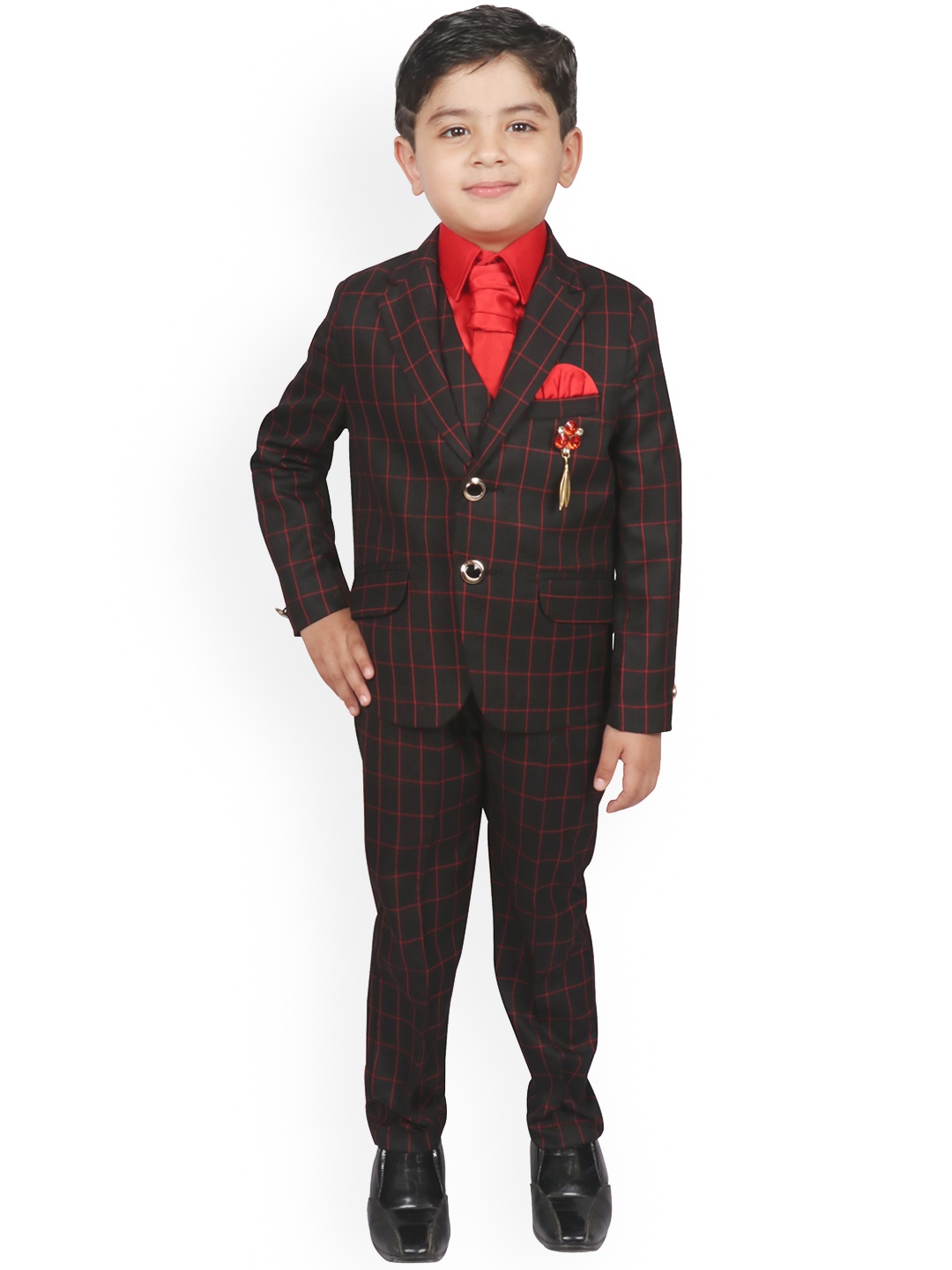 

SG YUVRAJ Boys Black & Red Checked Single-Breasted Suit