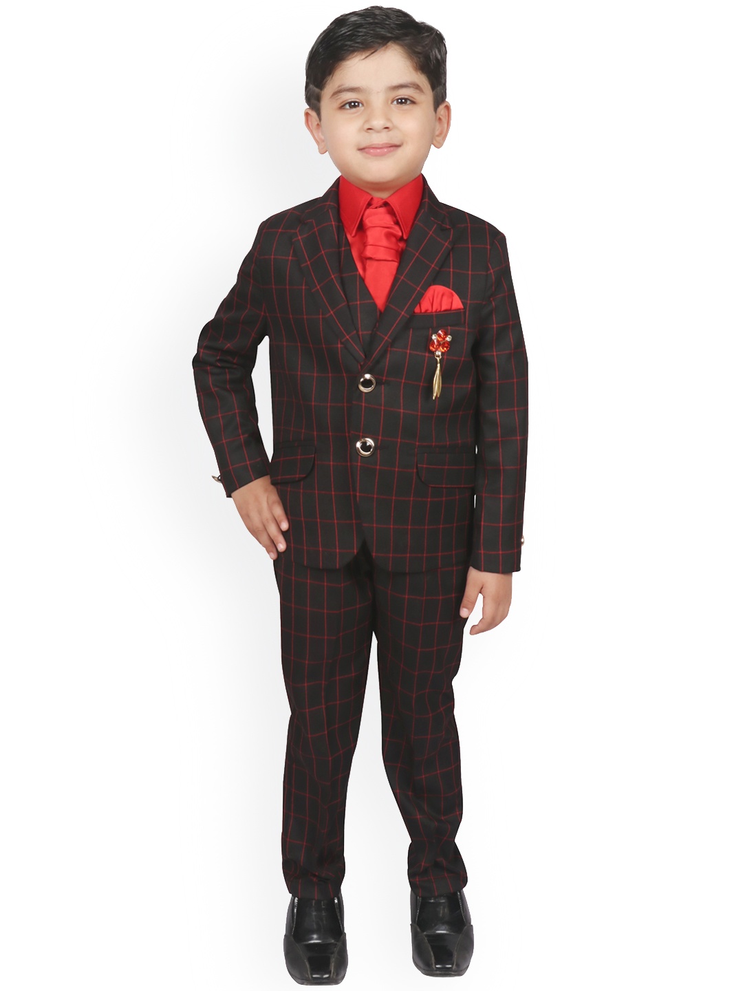 

SG YUVRAJ Boys Black & Red Checked Single-Breasted Suit