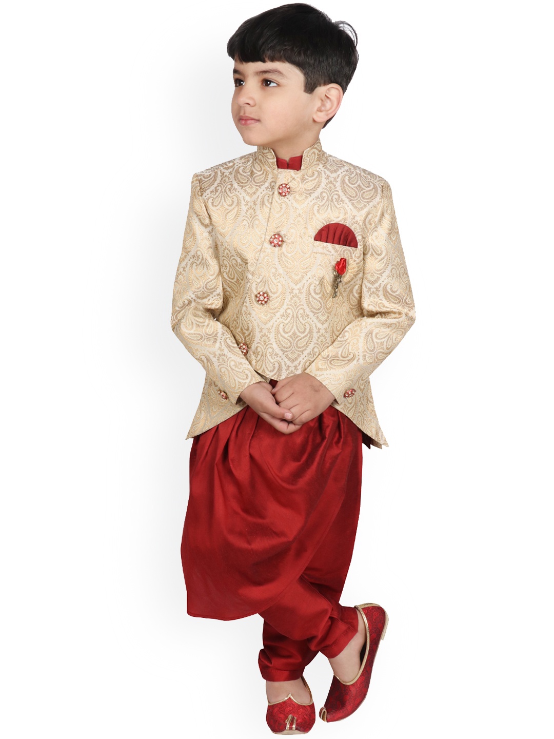 

SG YUVRAJ Boys Red & Gold-Toned Solid Kurta with Pyjamas & Jacket
