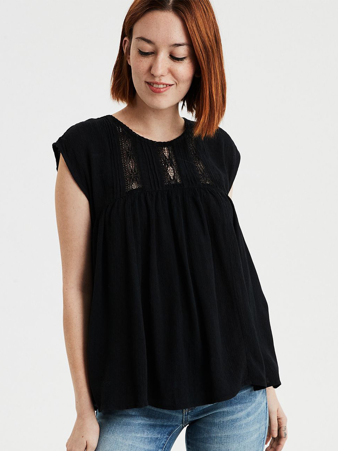 

AMERICAN EAGLE OUTFITTERS Women Black Self Design Top