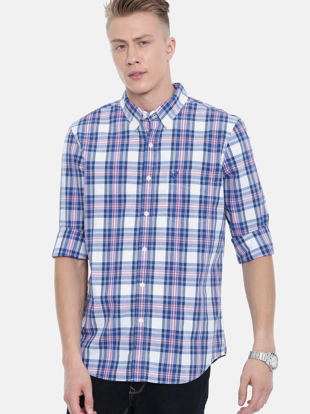 

AMERICAN EAGLE OUTFITTERS Men White & Blue Slim Fit Checked Casual Shirt