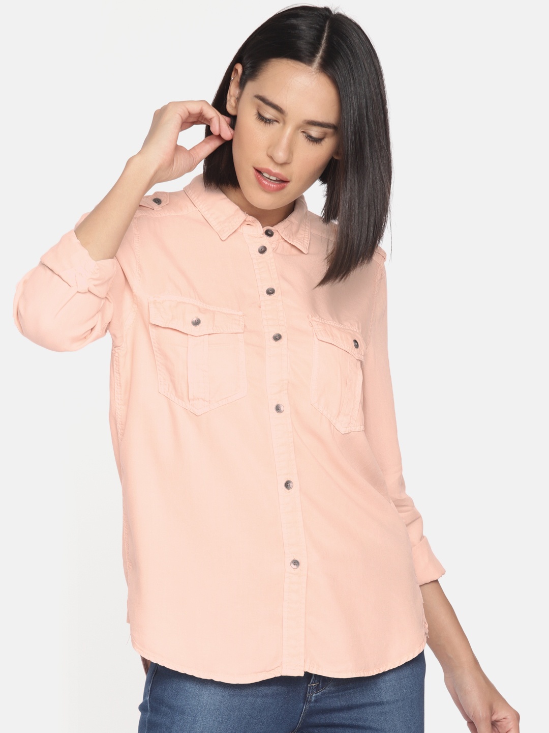 

AMERICAN EAGLE OUTFITTERS Women Peach-Coloured Solid Casual Shirt