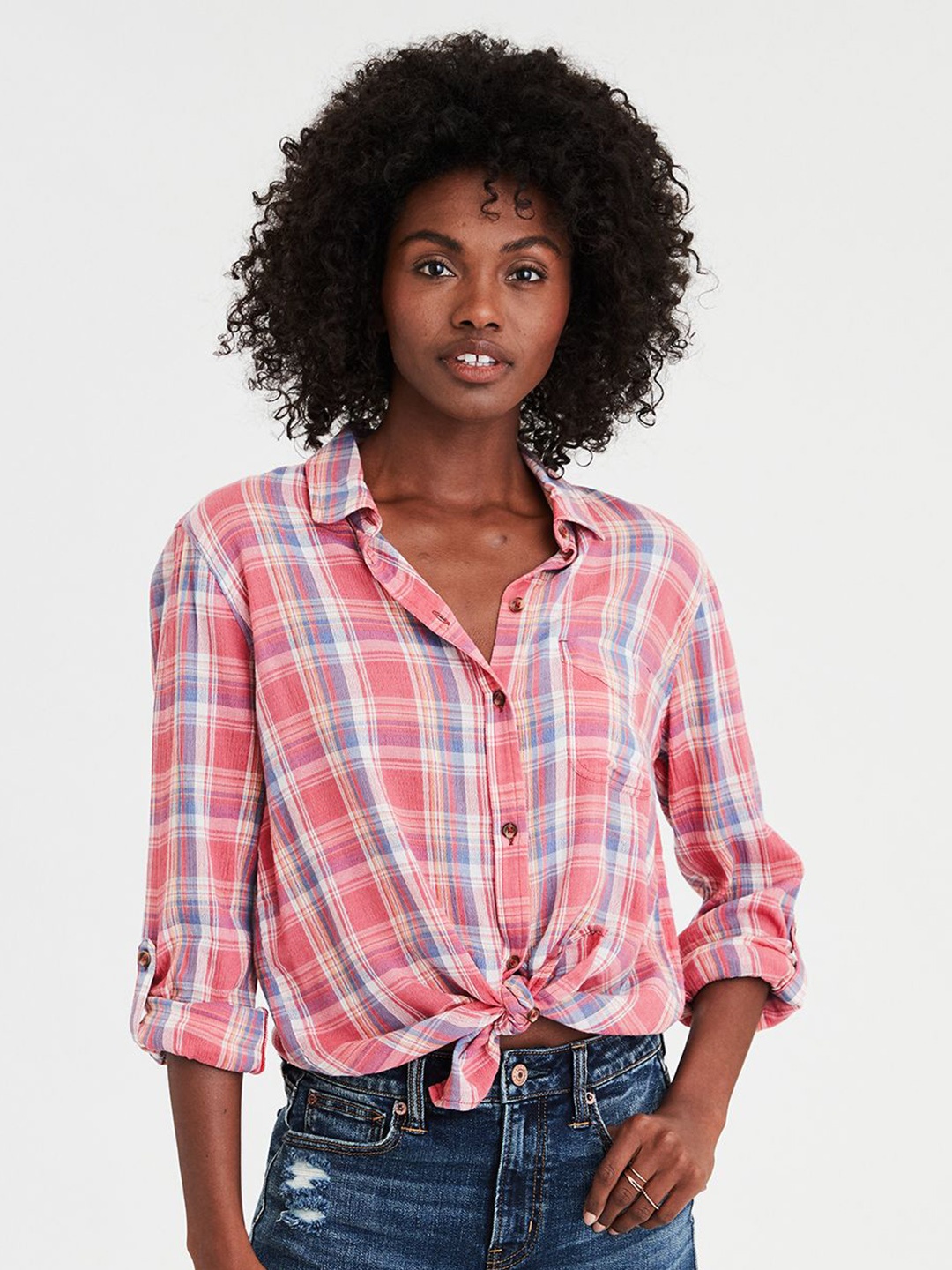 

AMERICAN EAGLE OUTFITTERS Women Pink & Off-White Regular Fit Checked Casual Shirt