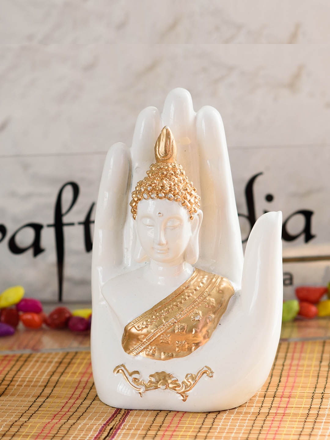 

eCraftIndia White & Gold-Toned Decorative Palm Buddha Figurine Showpiece